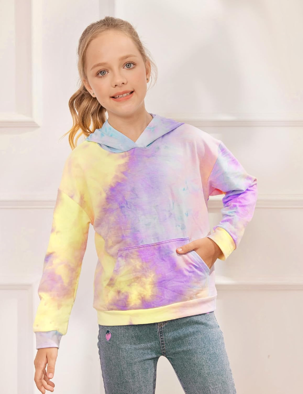Girls Tie Dye Hoodies Sweatshirts Loose Casual Long Sleeve Pullover Hooded with Pockets