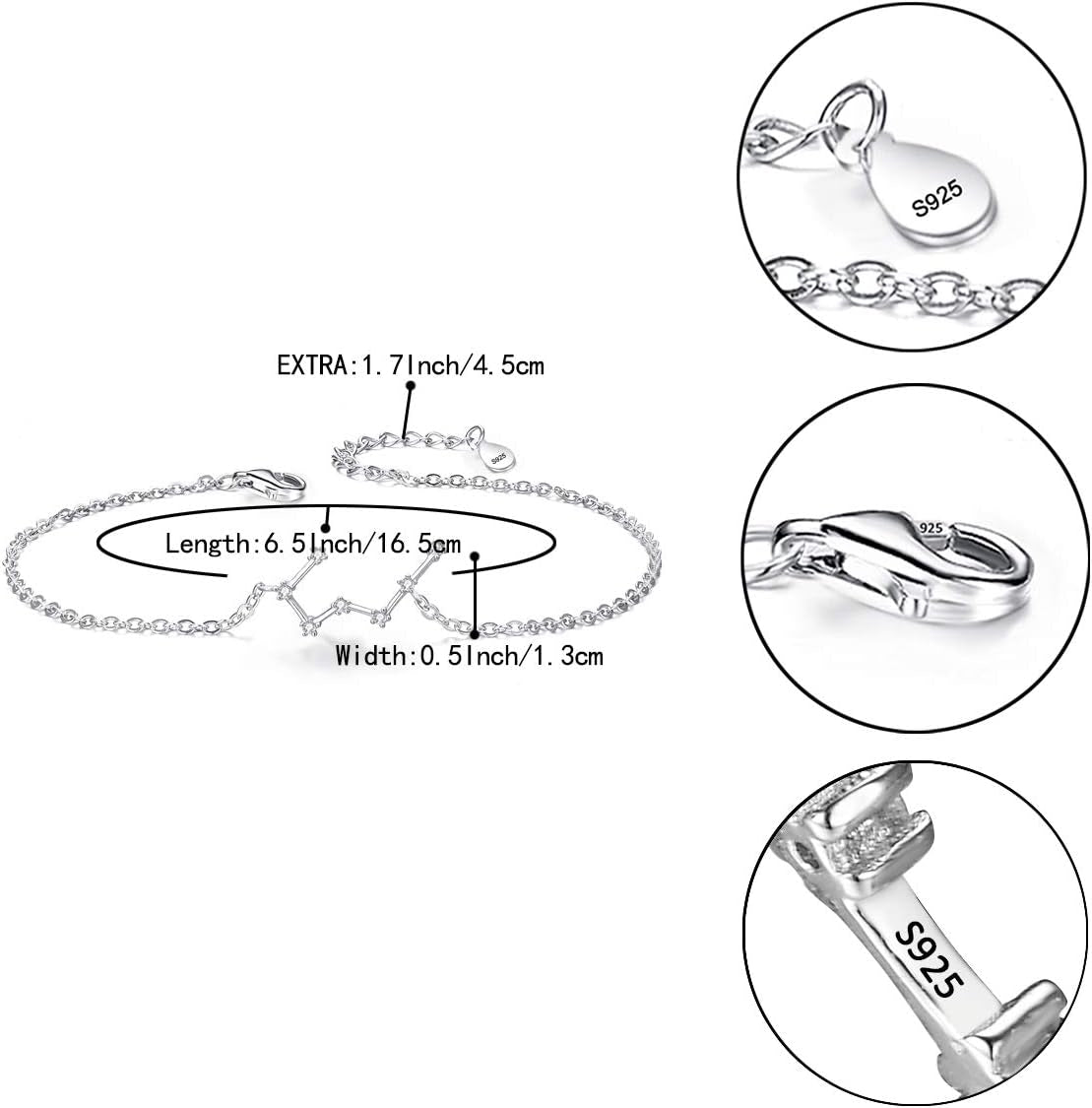 Gifts for Mom Women 925 Sterling Silver CZ Horoscope Zodiac 12 Constellation Astrology Link Bracelet for Mothers Day/Valentines Day/Birthday/Christmas/Anniversary