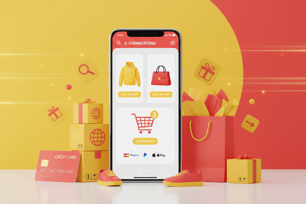 crea una imagen de una compra en linea con los colores amarillo y rojo