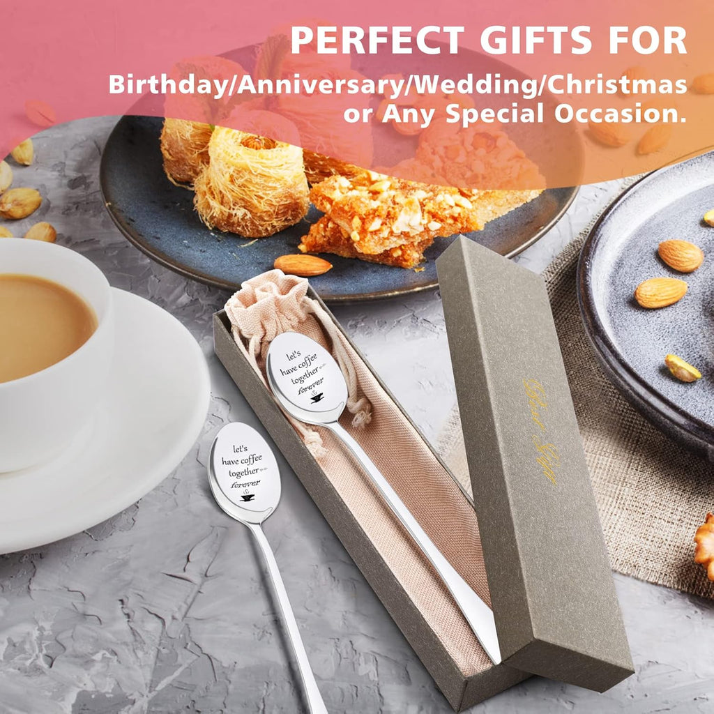 Anniversary Christmas Birthday Gifts for Her Him Engraved Coffee Spoon, 2 Pcs Personalized Stainless Steel Spoon Couple Gifts, Valentines Day Wedding Engagement Graduation Gifts for Couples