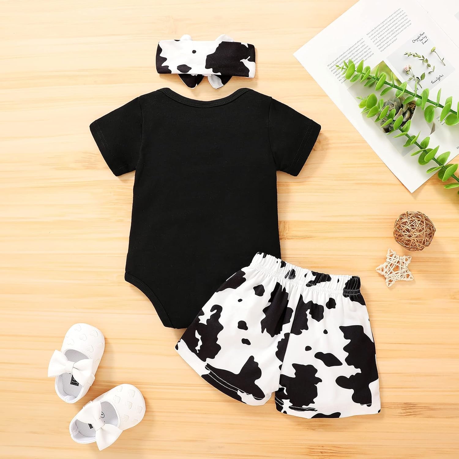 Infant Baby Girl Clothes Summer Black Embroidered Cow Letters Print Romper Cow Spots Shorts Set Toddler Outfits