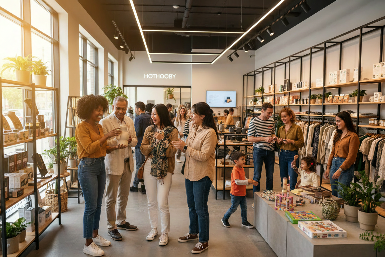 genera un video de personas hablando y mirando productos 